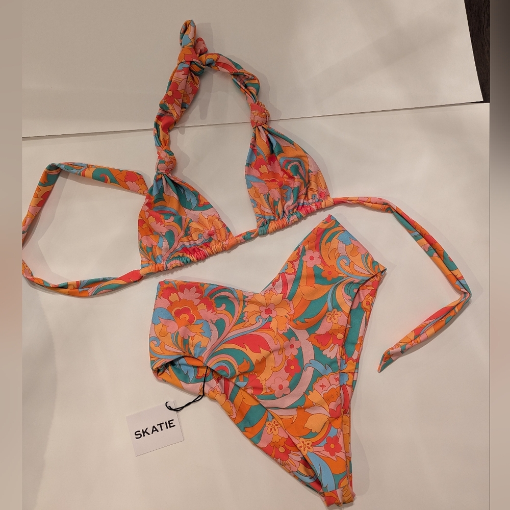 Skatie Retro Floral Tie Bikini in Pink, Orange & Teal